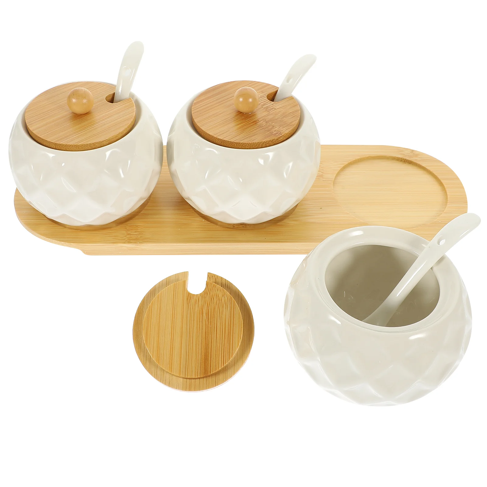 

Set of 3 Kitchen Ceramic Spice Jars with Bamboo Lids Barbecue Seasoning Condiment Container Storage for Holder Salt Shaker