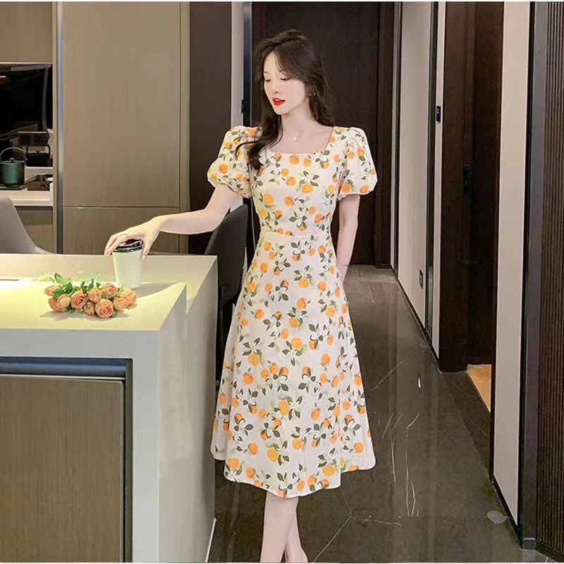 

New Summer Flower Dress Orange Yellow French Floral Skirt 2023 Women's Clothing Korea Stylish Elegant Beach Vacation Midi Dress