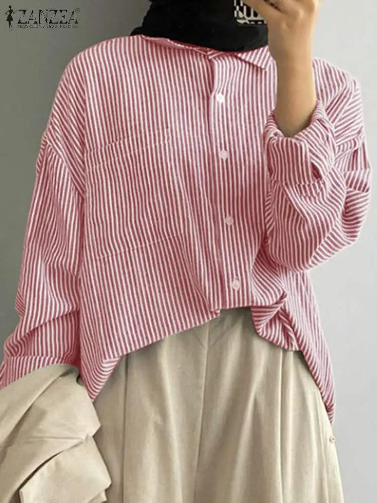 

Dubai Turkey Blouses Fashion Muslim Tops Women Striped Blouse ZANZEA Female Long Sleeve Lapel Neck Shirt IsIamic Work Blusas