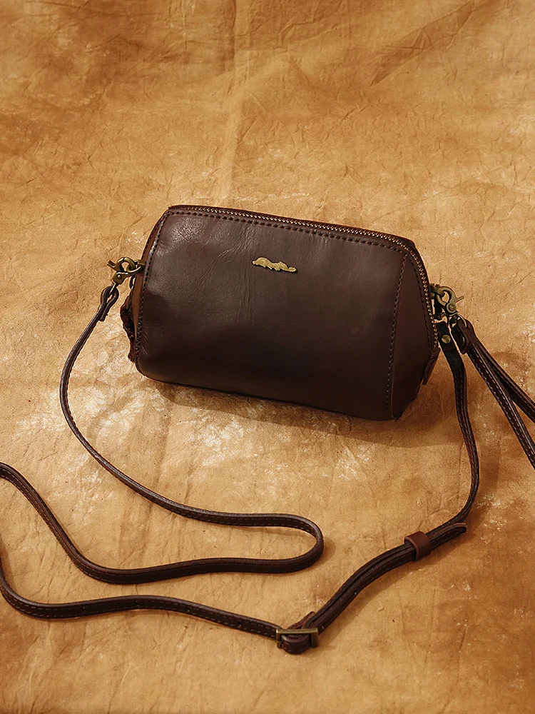 핸드메이드 천연 소가죽 레트로 미니 클러치 백 여성용, 퍼스트 레이어, 베지터블 태닝, 숄더, 크로스 바디