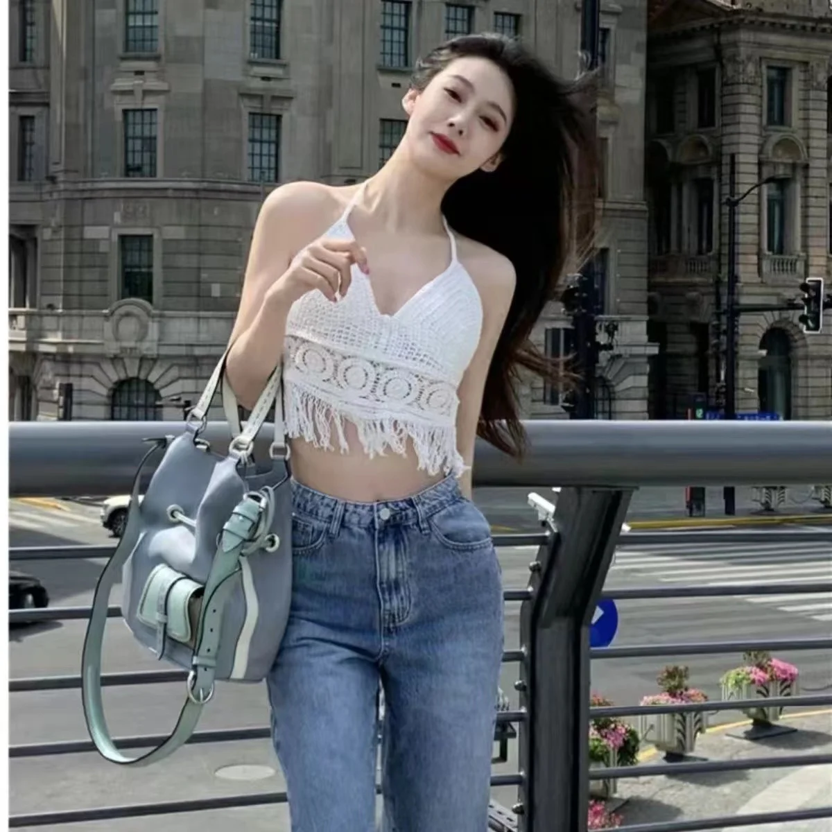 

Summer hollow open back tassel knitting suspender female feeling with a cushion holiday bikini short top fashion