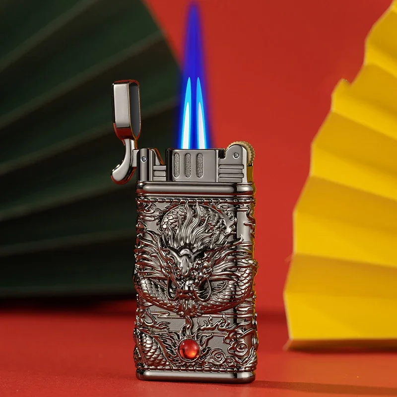 Creative Dragon Embossed Metal Cigar Lighter Grinding Wheel Ignition Gas Lighters Windproof Double Flame Turbo Jet Torch Lighter