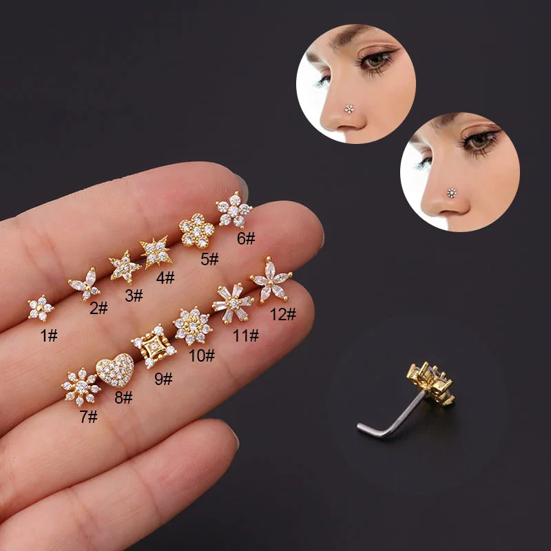 1Pc L Förmigen Nase Bolzen Edelstahl Nase Ring Piercing Mode Blume Crown Form Indische Helix Nase Ring Frauen körper Schmuck