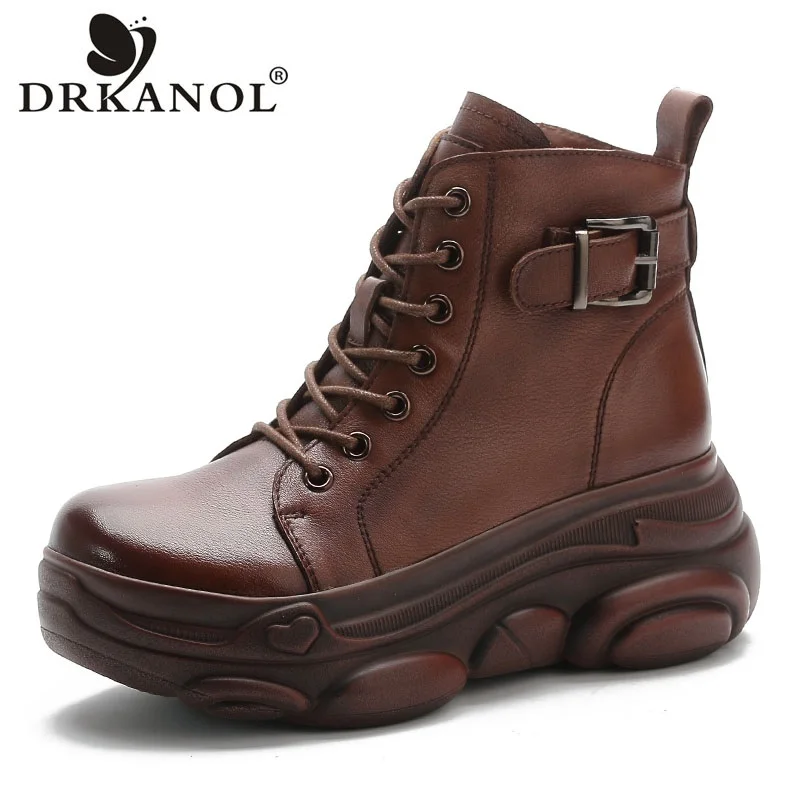 

DRKANOL Handmade Retro Style Genuine Leather Boots Women Autumn Comfort Trend High Wedges Heel Platform Ankle Boots Female