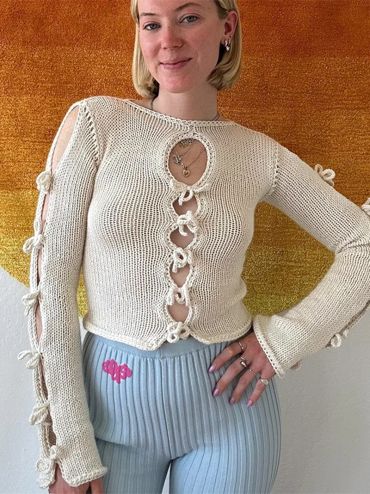 

2023 New Knitted Vest Sweater Women Autumn Winter Sexy Hollow Out Slim Splice Fashion Crop Tops Woman Bow Lace Up Jumpers Female