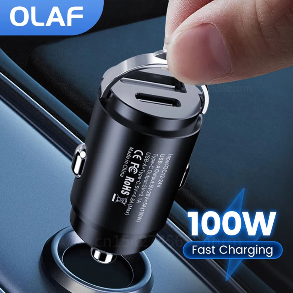 Phone Charger Car Charger Phone Charger Adapter Car Phone Charger Mini Phone Charger Olaf 100W Mini Car Charger Dual Ports Pull Ring Fast Charge Type C PD Car Adapter for iPhone 13 12 Xiaomi Huawei Samsung QC3.0