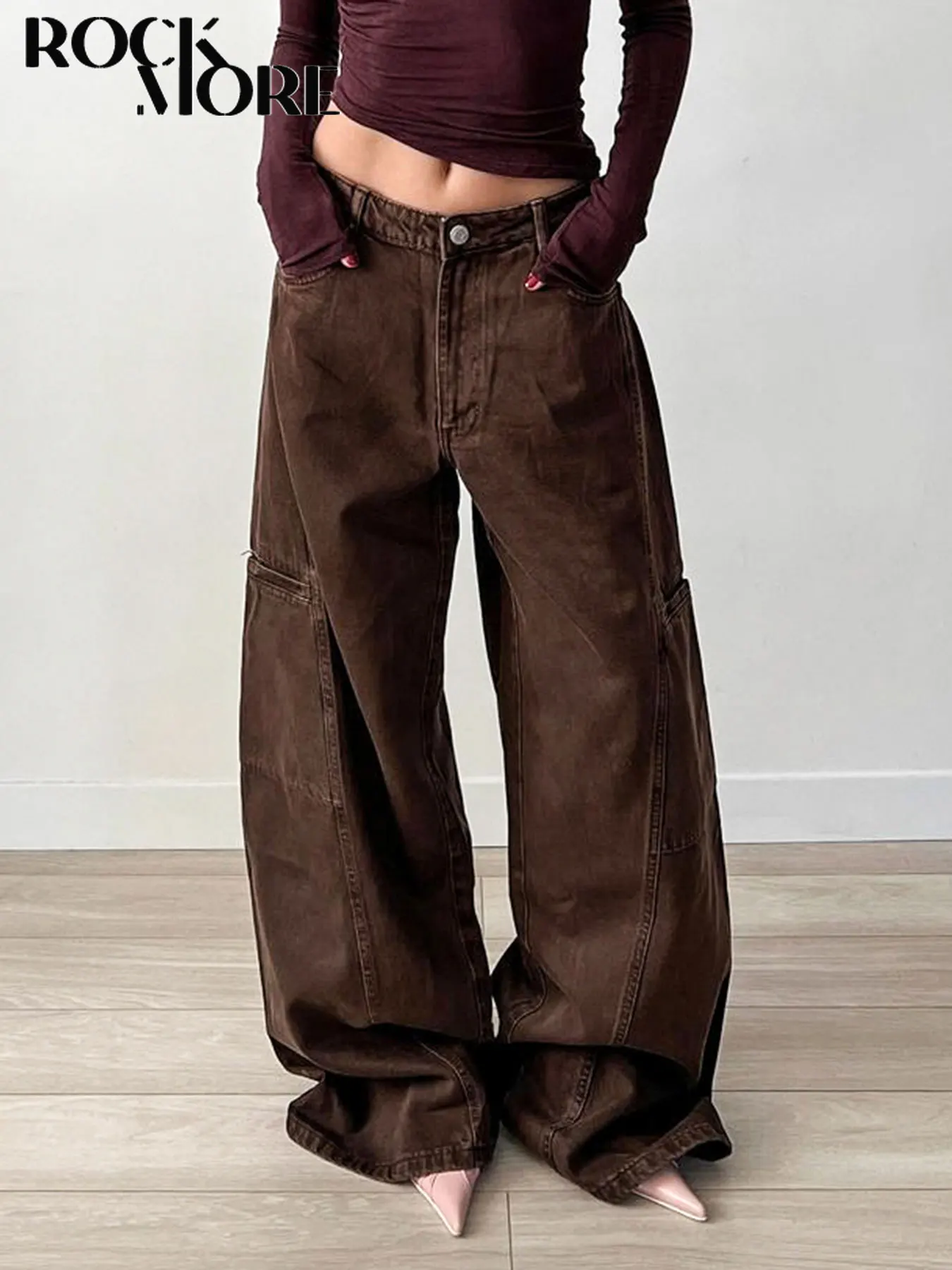 

Rockmore Brown Low Wide-legged Jeans Women Streetwear Y2K Aesthetic Jean Pants Vintage Denim Trousers Grunge Fairycore Clothes