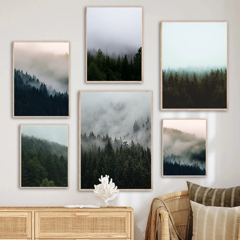 

Minimalist Foggy Spruce Trees Forest Misty Mountainside Poster Print Canvas Painting Wall Art For Living Room Home Decoration