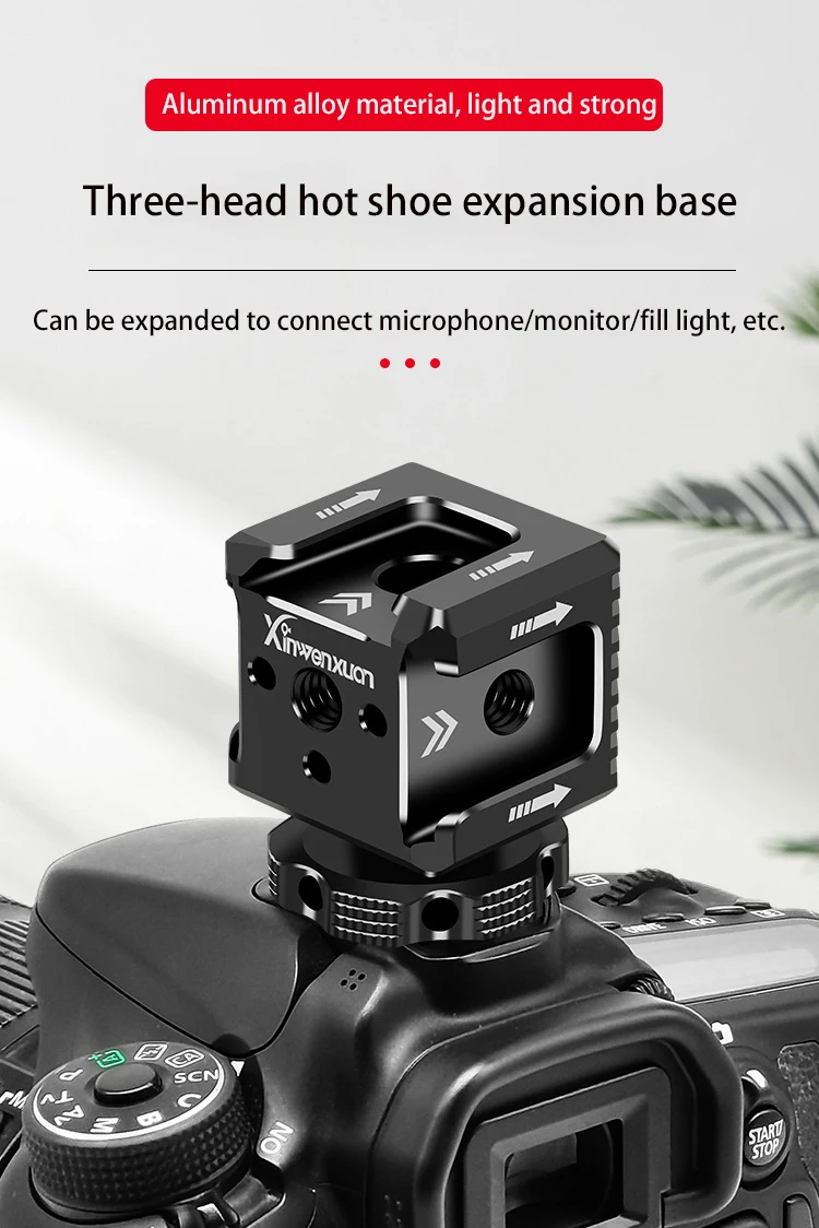 Description Picture 2 of itemUniversal Cold Shoe Three Head Hot Shoe Mount Adapter 1/4" Screw Mounting Hole for Digital Camera/Microphone/ Flash Light/LCD