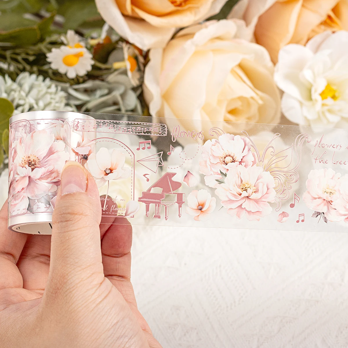 6 rolls of bright floral pattern PET waterproof tape for DIY notebook and scrapbook decoration tape, stationery decoration tape 5