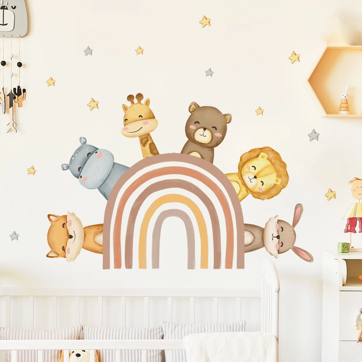 2pcs Cartoon Animal Rainbow Star Wall Sticker Children's Room Living Room Bedroom Study Restaurant Decoration Mural Wall Sticker 2pcs baby hair clips butterfly hairpin for girls lace hairclip children embroidery pins kawaii accessories barette kids headwear