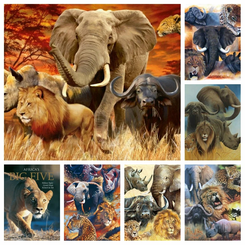 

Diamond Painting 5D Full Square Round Big Five Africa Elephant Leopard Lion Rhinoceros Embroidery Cross Stitch Crystal Gift