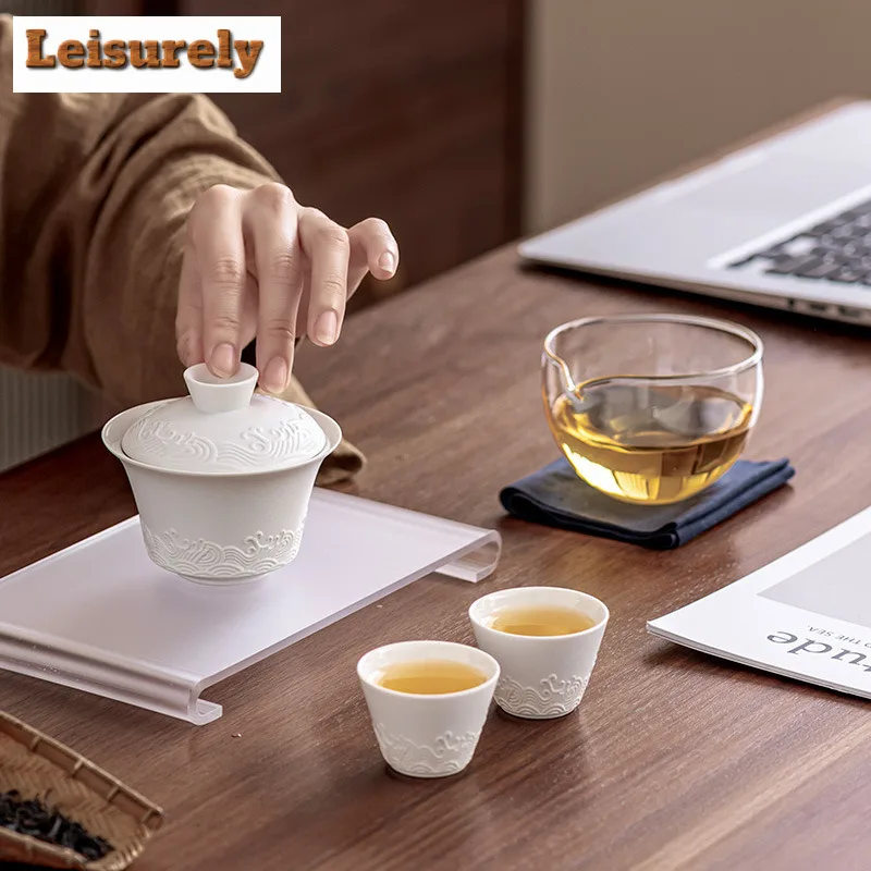 Zen Wave Covered Bowl Portable Travel Tea Set Kit  1 Pot 2 Cups Tea Making Glass Mugs Tea Set Stock Bags Accessories Ornaments