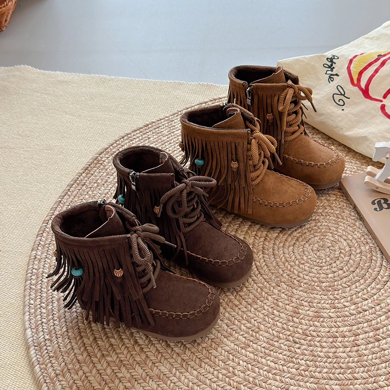 Kids Short Boots Ethnic Style Girls Princess Boots Fashion Versatile 2025 Winter New Children Fashion Casual Boots Suede Warm