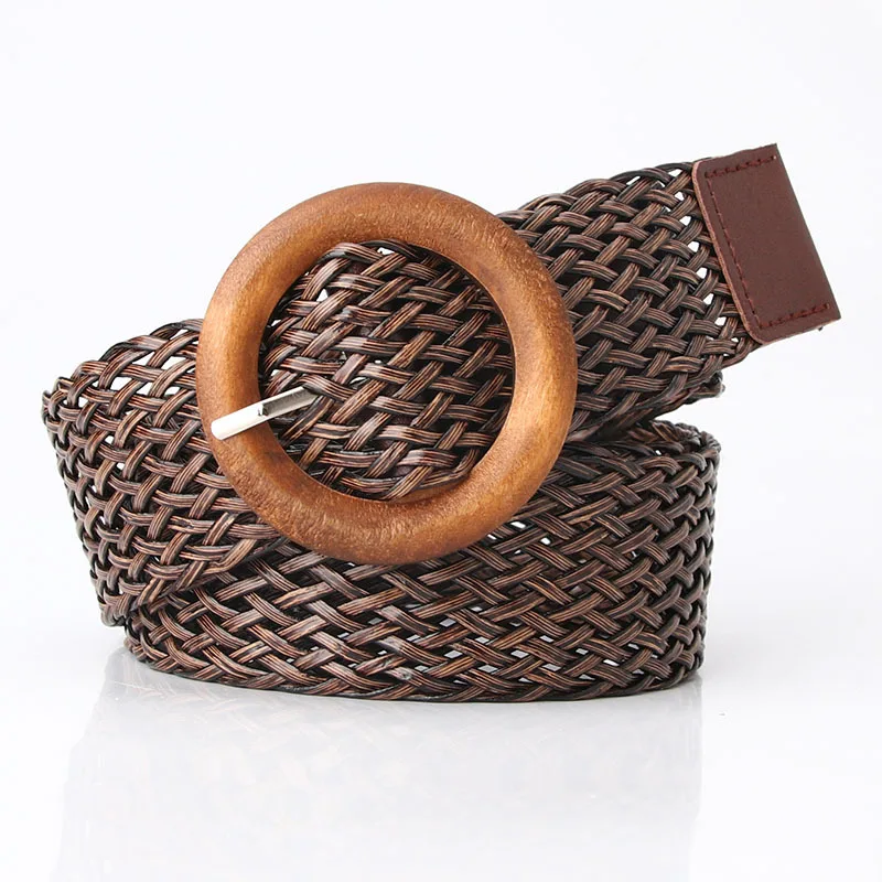 

Vintage Braided Waist Belt Summer Solid Female Belt Round Wooden Buckle Fake Straw Wide Elasticity Belts For Women