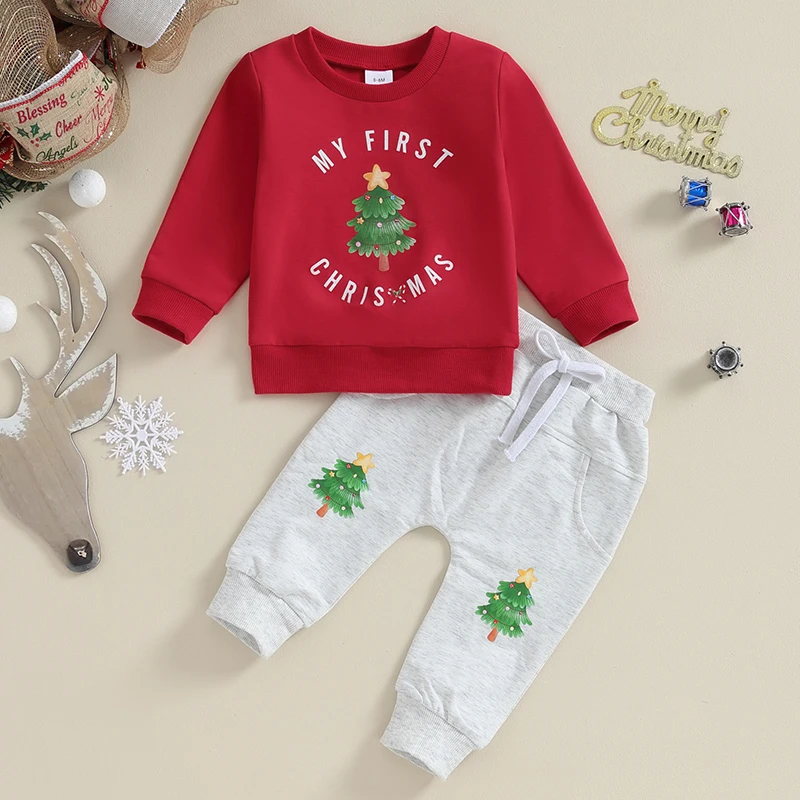 

2023-09-04 Lioraitiin 0-12M Baby Girls Boys Christmas Set Tree Letters Long Sleeve Crew Neck Sweatshirt with Sweatpants Outfit