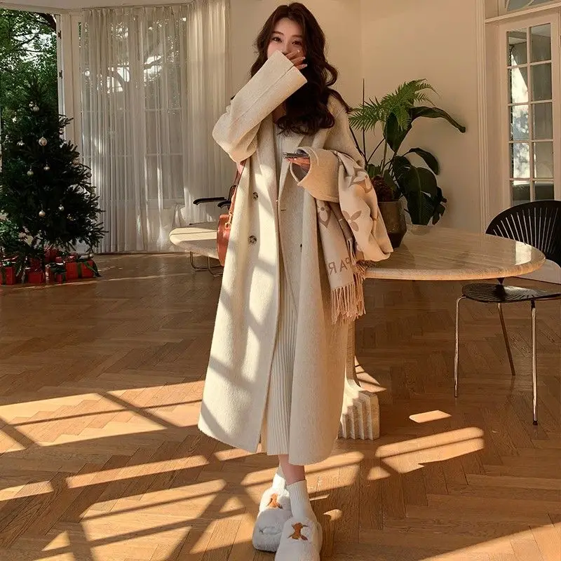 Fashionable Style Double Sided Cashmere Coat 2023 Autumn And Winter New Korean Loose Medium Length Wool Coat advanced double sided wool cashmere coat 2022 autumn winter new fox collar medium length slim fit coat for women