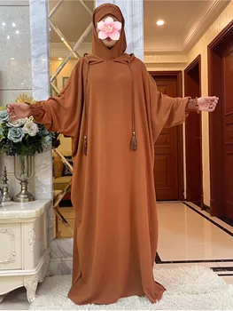 2024Eid MuslimTwo Hats Abaya Dubai  Abaya Morocco Ramadan Jilbab Hooded Prayer Dresses Vestido Kaftan Islam Arab Long Robe