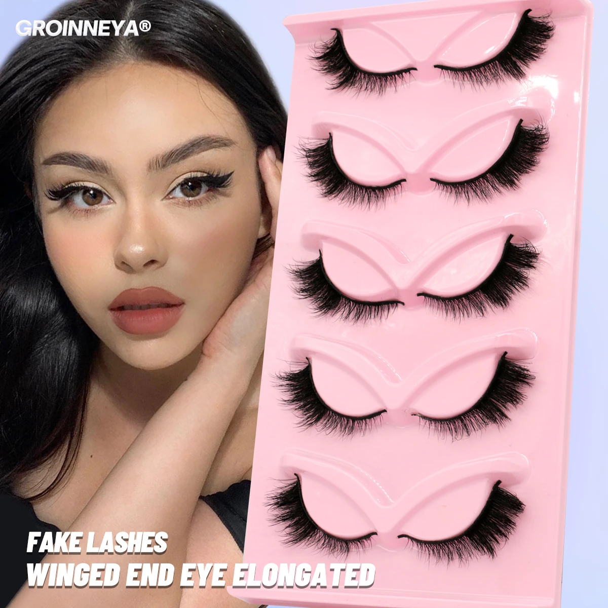 GROINNEYA 5/7 Cat Eye 3D Mink Lashes Natural Eyelashes Winged End Eye Elongated False Eyelashes