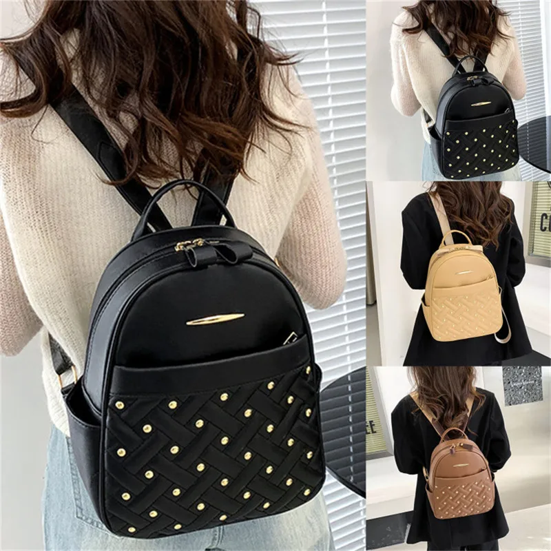 

2023 Fashion Women Casual Travel Rivet Backpack School Bags PU Leather Backpack For Teenage Girls Female Solid Backpack