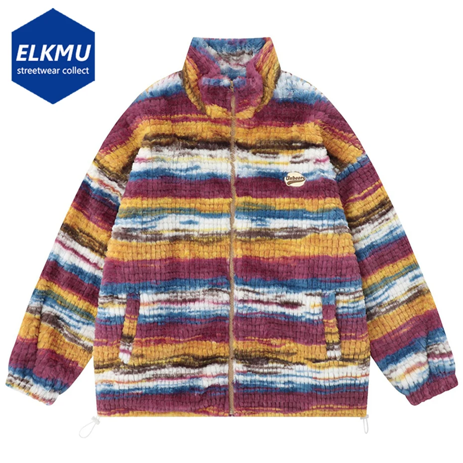 

Winter Plush Jacket for Men Vintage Striped Fleece Coats Harajuku Hip Hop Streetwear Oversized Parkas Jackets Outwear