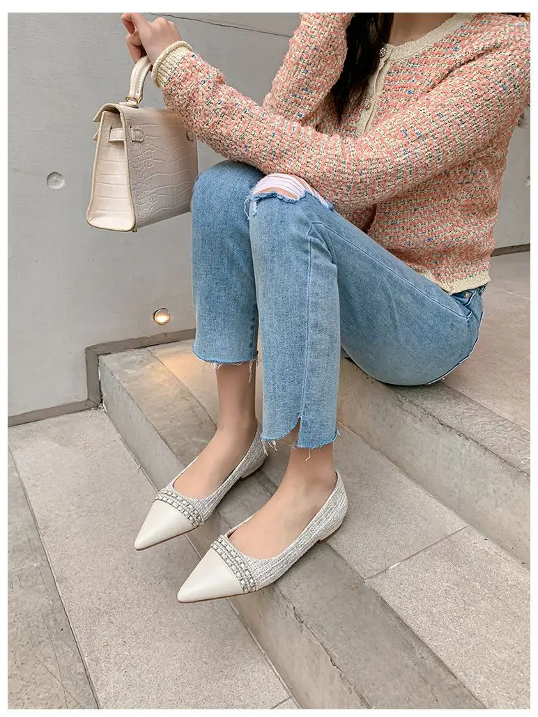 

Beaded Chain Spring & Autumn Women Shoes Tweed Stitching Leather Ladies Zapatos Pointed Shallow Flat Heels Comfortable Slip On