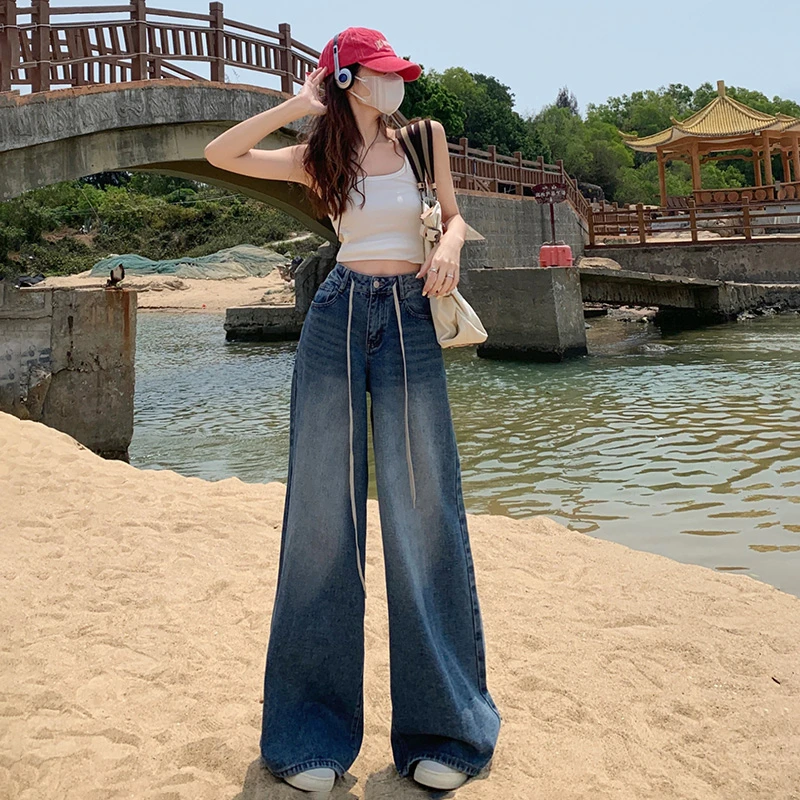 Real time photo of jeans for women in 2023 new long pants retro blue high street summer slimming old drawstring rough edges wide