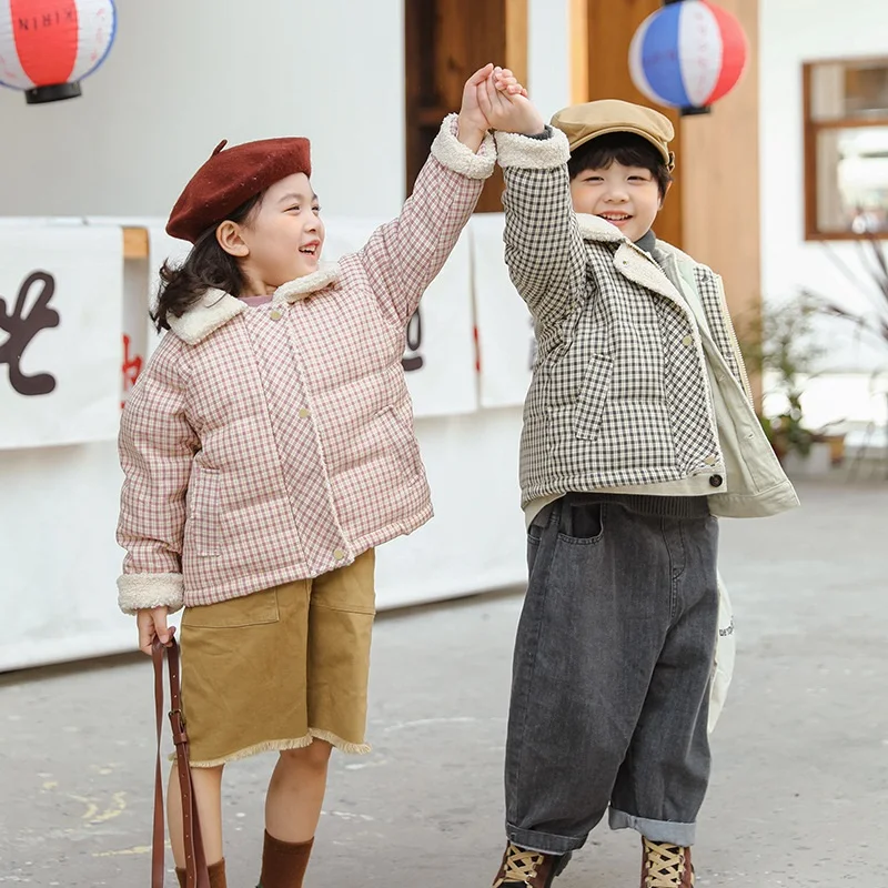  여아 남아용 체크 무늬 다운 재킷, 두꺼운 양털 칼라 다운 코트, 겨울 어린이 따뜻한 스노우 슈트 복장,  옷 2-10 세 패션