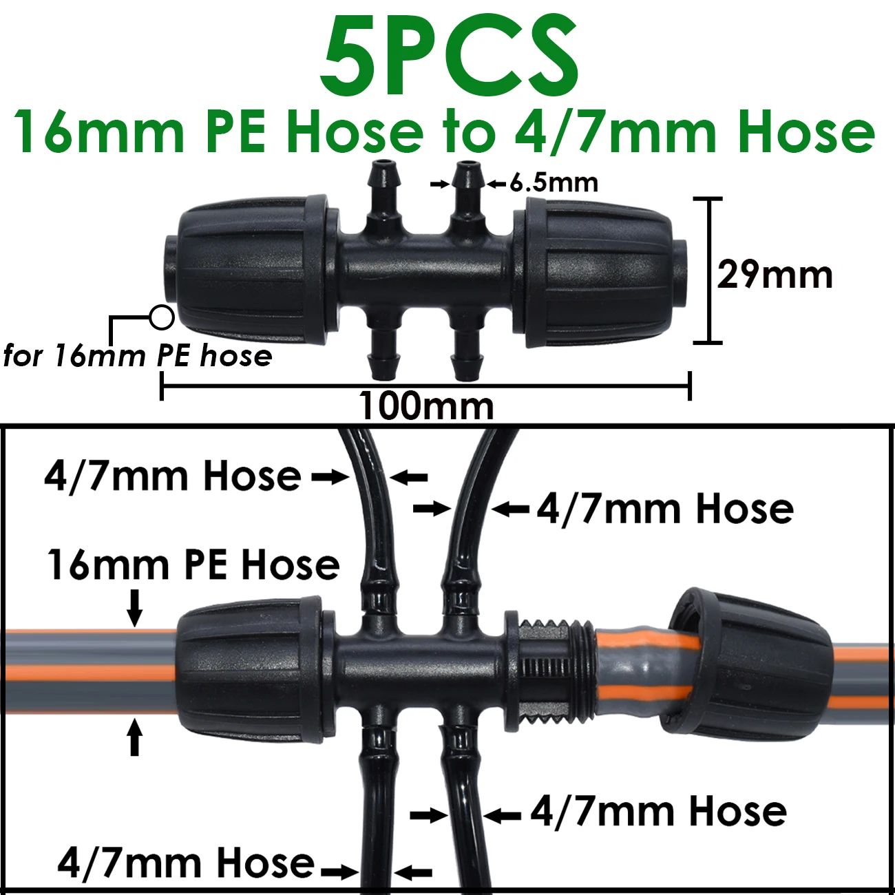 1/2" PE Pipe Connector Splitter Tee Coupling 5pcs for Garden Watering Drip Irrigation