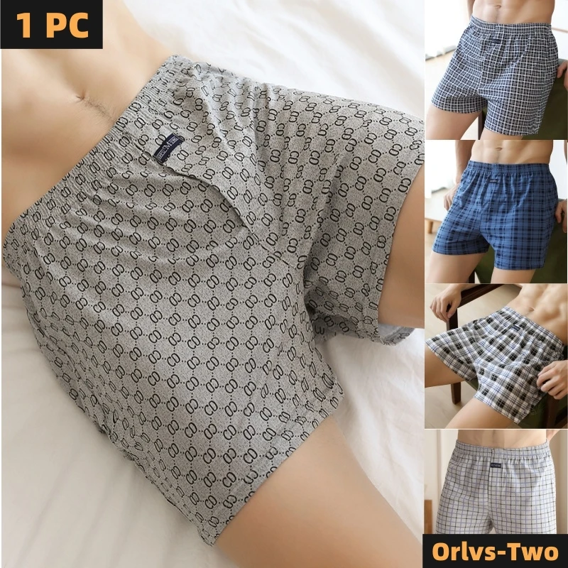 Mens underwear cotton lattice loose high waist summer thin breathable home shorts pouch underpants M-3XL plus size