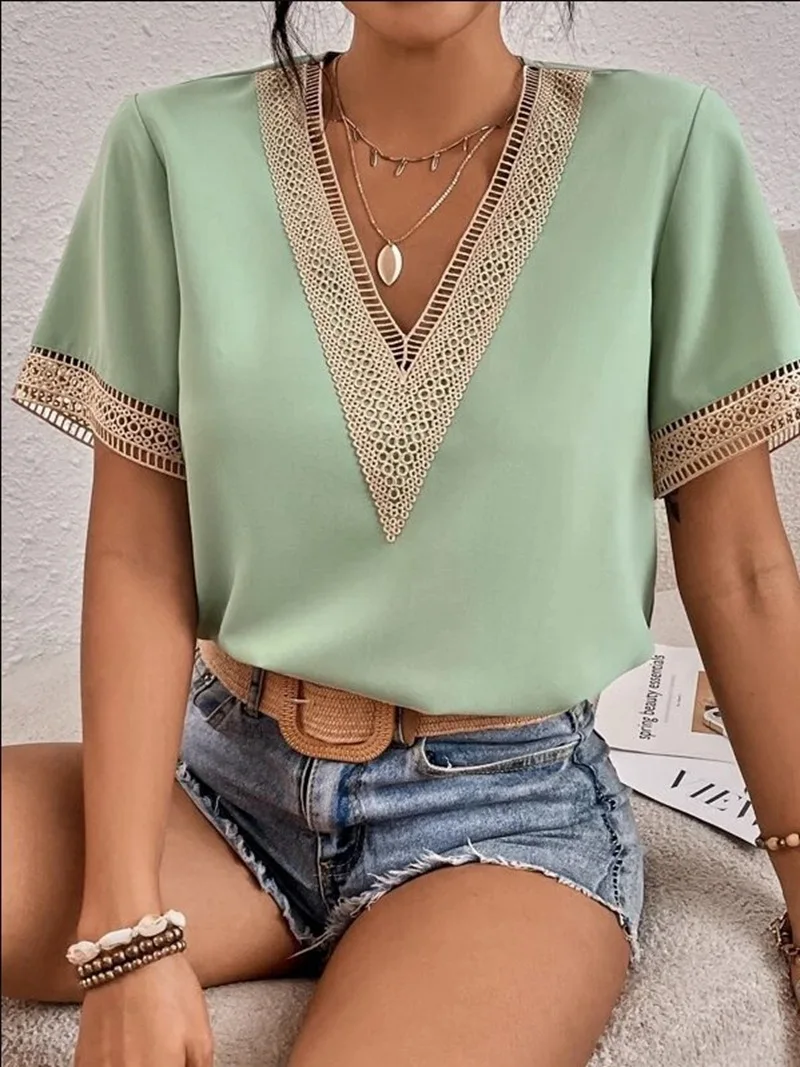BLENCOT Blusa Informal De Encaje Con Manga Corta Para Mujer Holgada Cuello En V Lindas Blusas, Moderno / Equipada, XXL, A2 Rosado