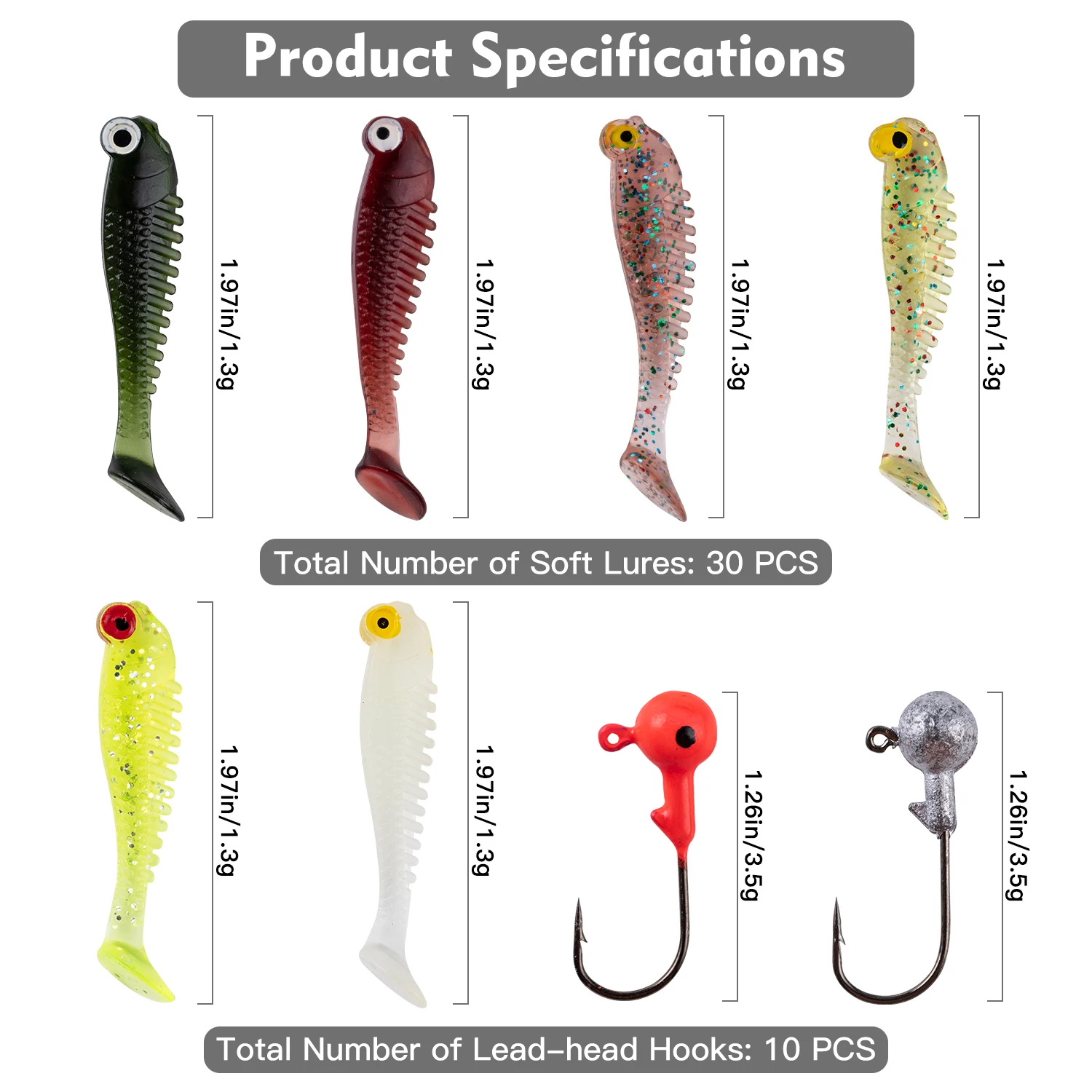 Goture Soft Lure Kit 40pcs Silicone Lure Set 5cm 0.7g Jig Hook 3.2cm 3.5g Fishing Hooks Fishing Tackle Box Soft Bait fishing lure carp fishing bait
