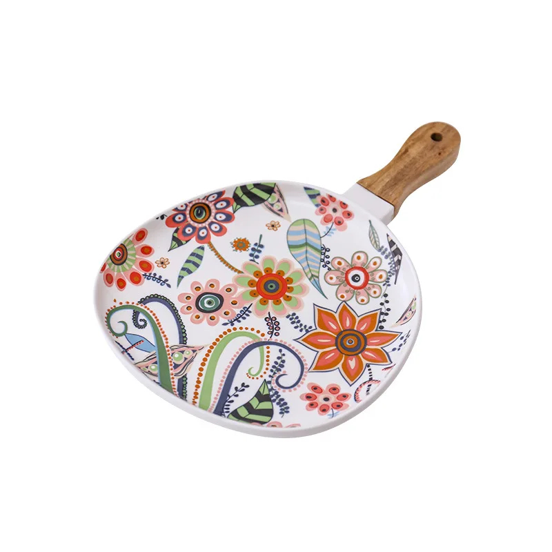 Oval dinner plate high temperature matte glaze acacia wood handle ceramic plate steak Western food pasta