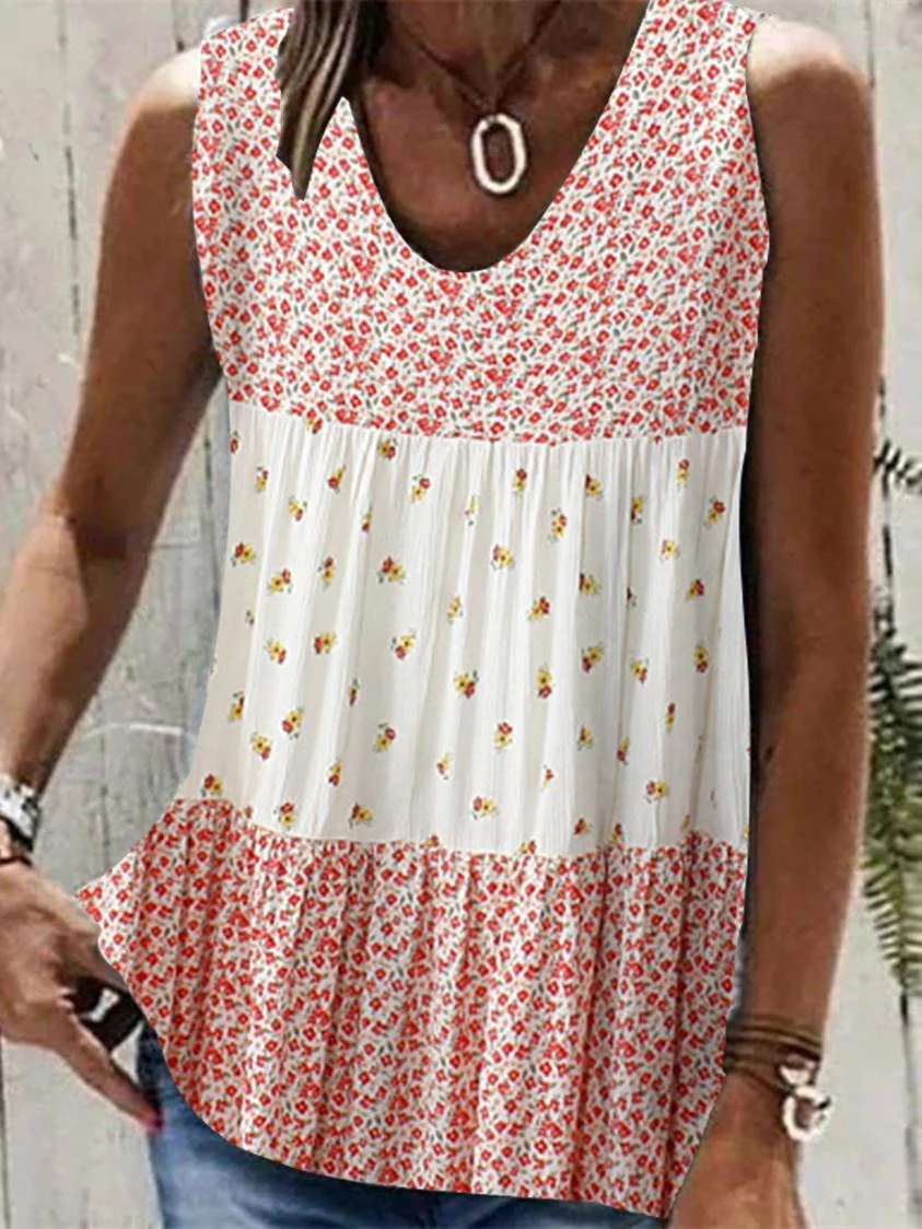 

Plus Size Women Sleeveless V-neck Floral Printed Colorblock Top