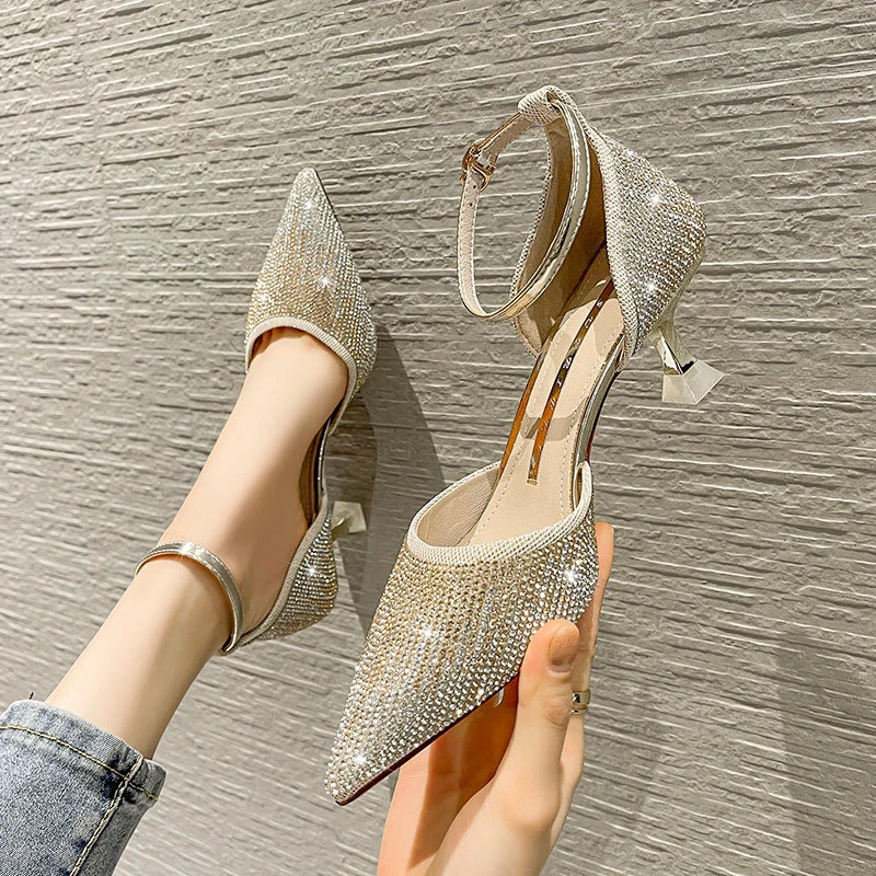 Zapatos de fiesta de cristal para mujer, de dama de honor con punta puntiaguda, tacones altos finos de 6cm, zapatos de boda sólidos para trabajo en Club|Zapatos de tacón de -