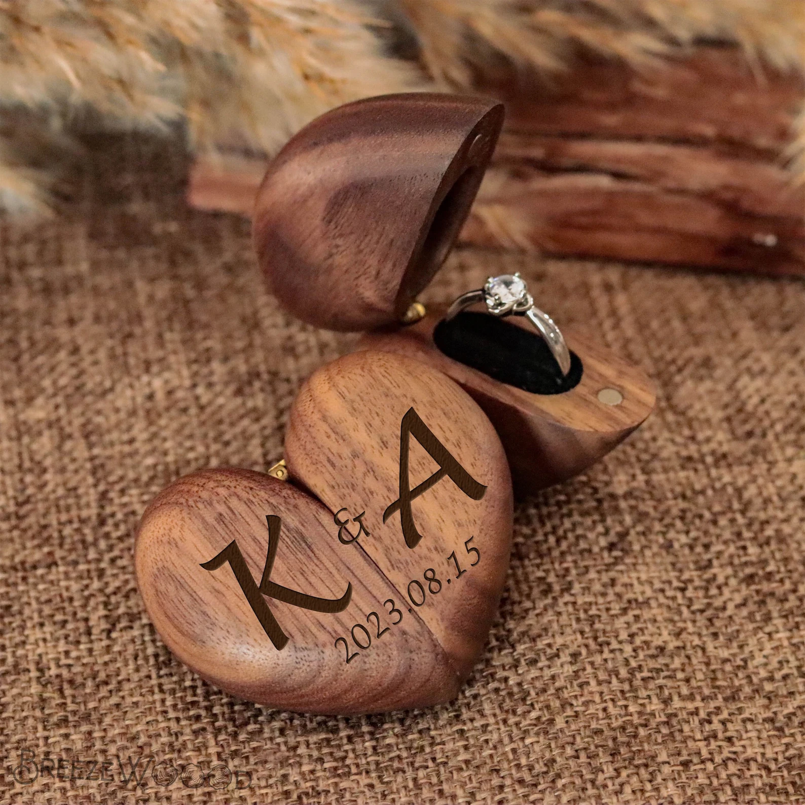 Handmade Heart-Shaped Wooden Ring Box with Velvet Interior and Custom Engraving – Roman... - SKU HWRB1956 - UGI Packaging