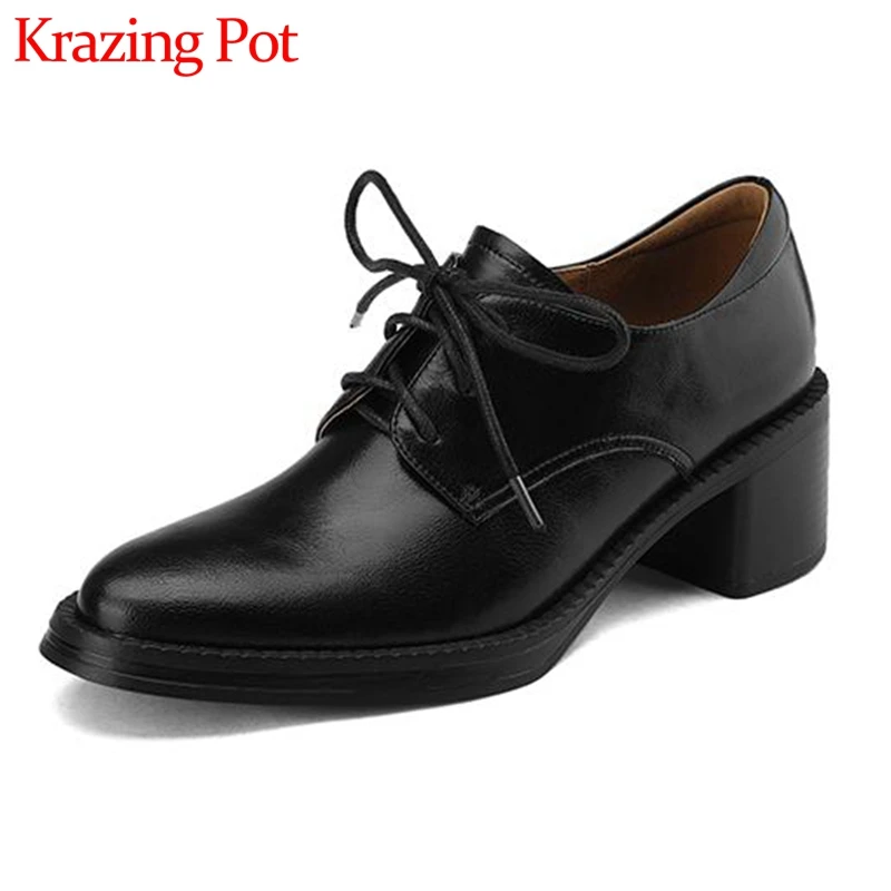 

Krazing Pot Size 40 Full Grain Leather Round Toe High Heels Spring Shoes Platform Leisure Cozy Cross-tied Neutral Women Pumps