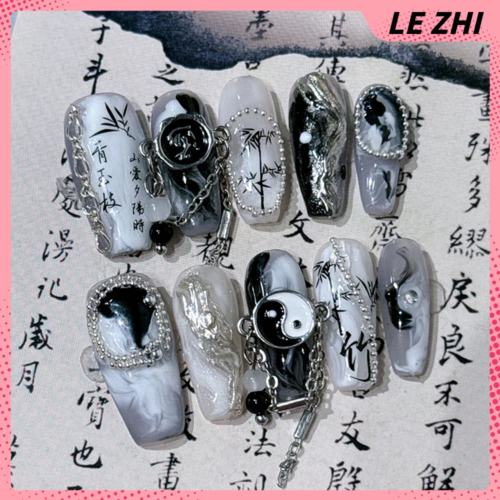 

Handwork Chinese Ink Painting Elements Fake Nails Tips Bamboo Tai Chi Chain Originality Press on Nails Art Fashion Holiday Gift