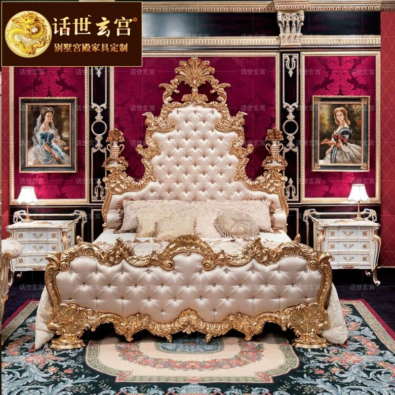 

French solid wood bed carved flower gold foil villa master bedroom high-end luxury 2m 2.2 m custom European carved princess bed