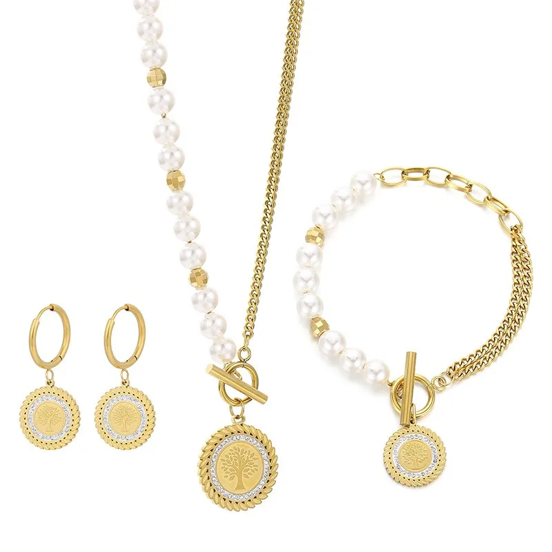 

Stainless Steel Glue Pearl Cuban Chain Necklace Bracelets Earrings For Women Life Tree Pendant Women's Wedding Jewelry Set