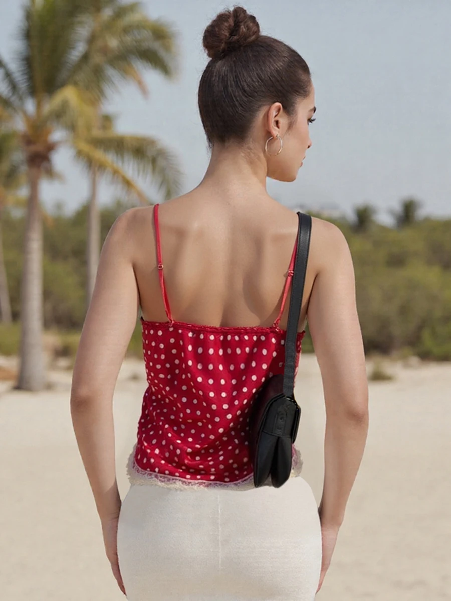 Women s Sleeveless Lace Trim Camisole Tank Top with Polka Dot Print - Casual Summer Fashion Streetwear Top