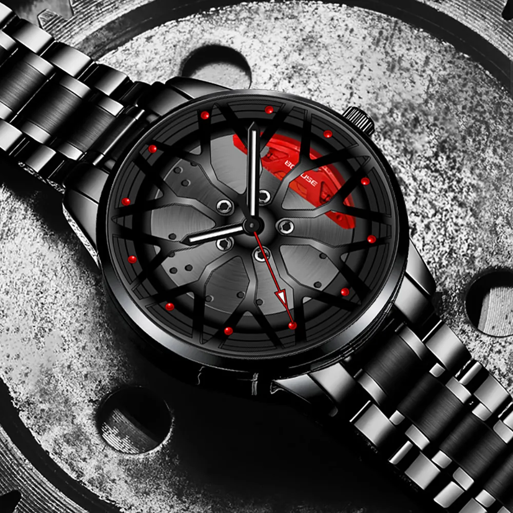 2022  Hot Sell Car Rim Wristwatch 360 Degree Rotating Wheel Rim Dial Watches Stainless Steel Waterproof Sport Quartz Clock