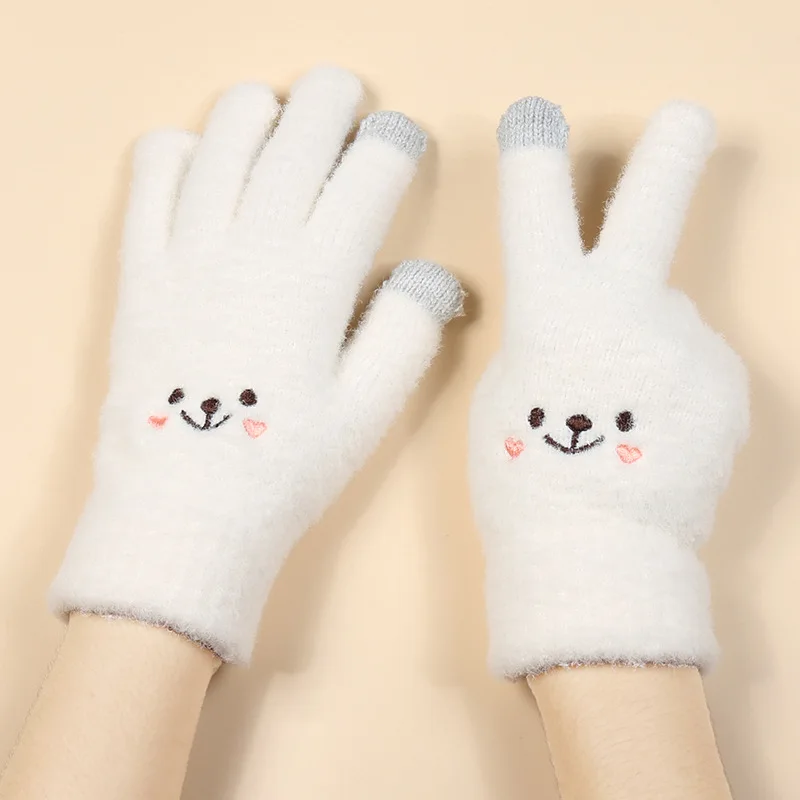 Cute Gloves Winter Warm Plus Velvet Thick Embroidered Finger Wool Outdoor Riding Touch Screen Knitted Gloves