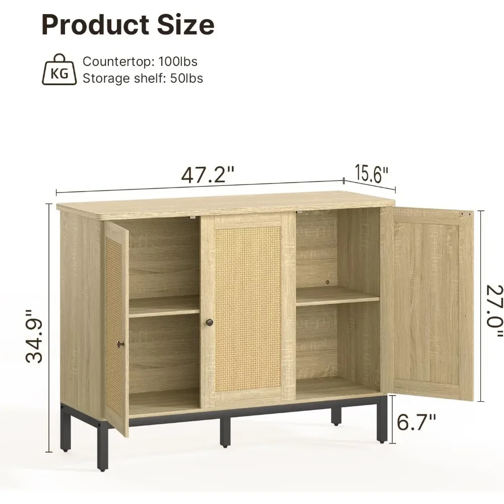 Gizoon Buffet Cabinet Storage, Kitchen Sideboard Buffet Storage Cabinet 3 Rattan Decorated Doors, Accent Metal Legs