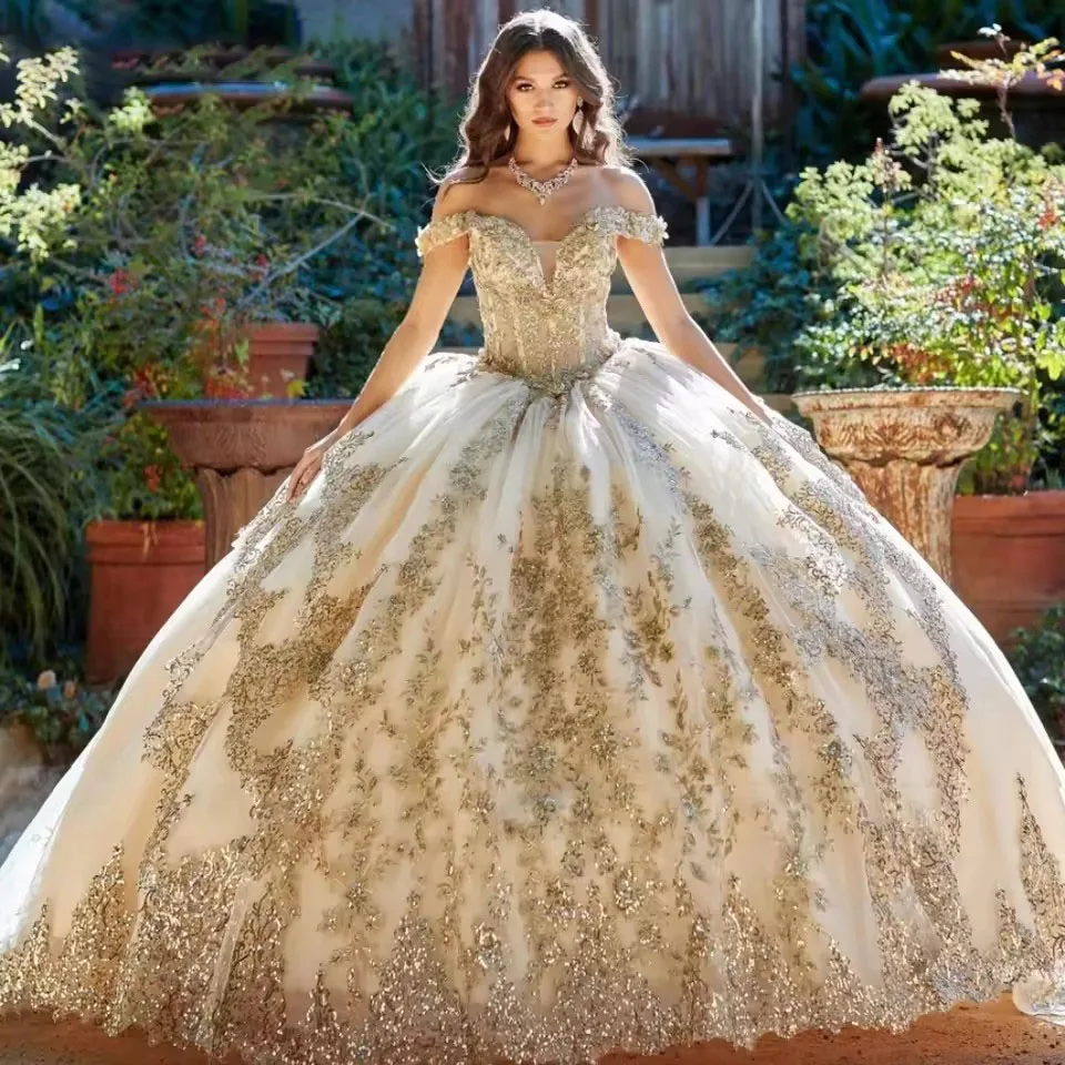 CustomizedVestido De 15 Anos Champagne Ball Gown Quinceanera Dress Gold Lace Appliqued Beaded Sweet 15 Party Dress Vestido De