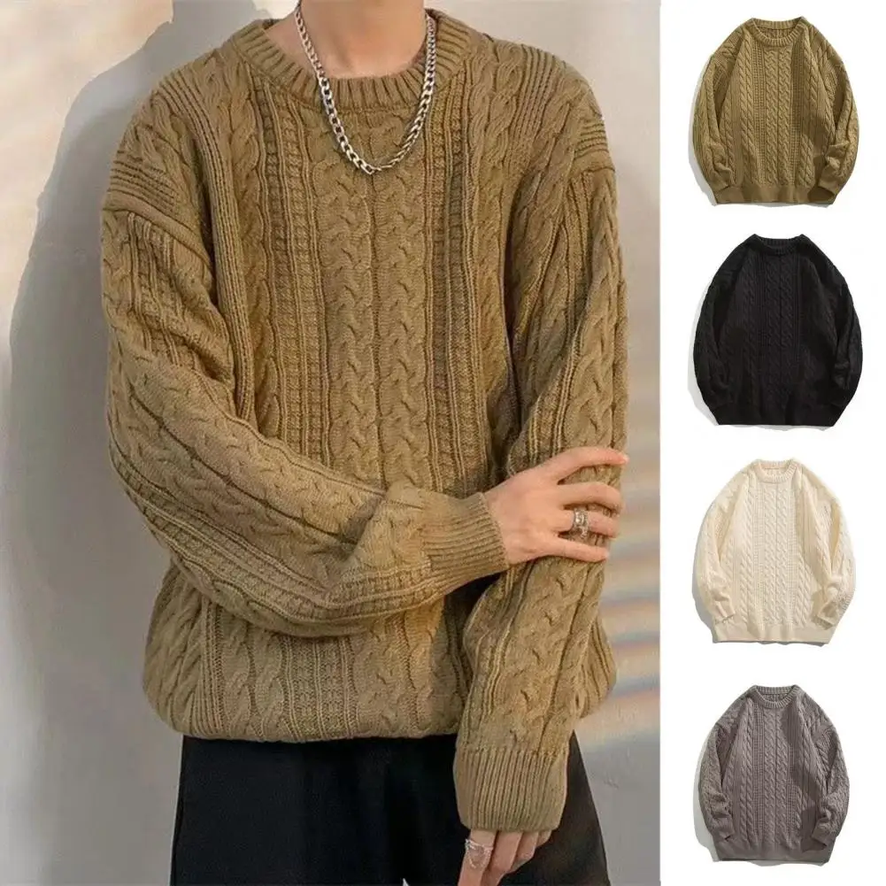 

Men Fall Sweater Men Solid Color Sweater Cozy Men's Fall Winter Sweater Loose Twisted Knit Elastic Round Neck Soft Warm Pullover