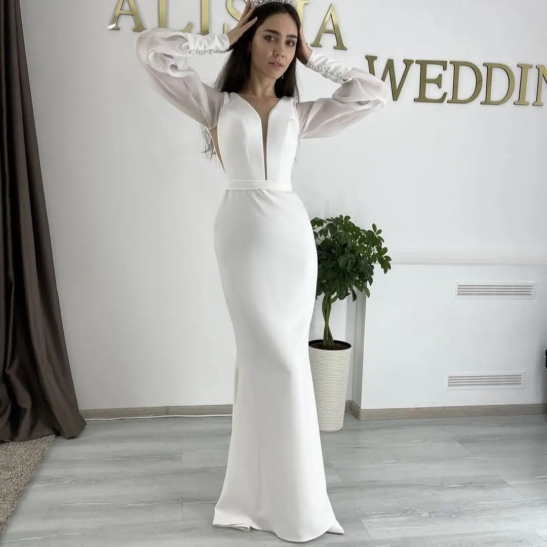 

Long Puff Sleeves Mermaid Wedding Dress Satin Lace Appliques Stunning Simple Bridal Gowns For Women Customize To Measures Robe