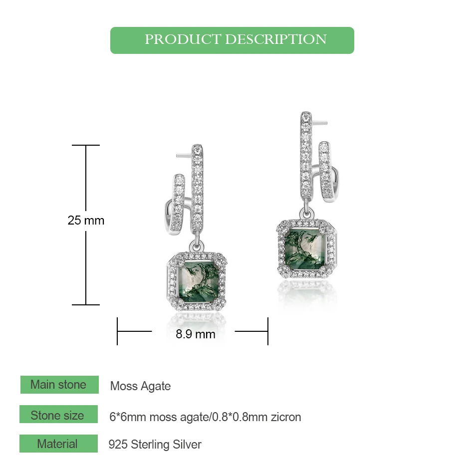 WES 925 Sterling Silver Geometric Natural 6*8mm Moss Agate Open Rings for Women Rhodium Plated Luxury Certified Jewelry Gifts