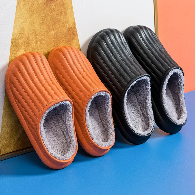 Shevalues Furry Cotton Slippers Women 2023 Winter Waterproof Leather Fur Slippers Indoor Comfortable Plush Couple Casual Slides