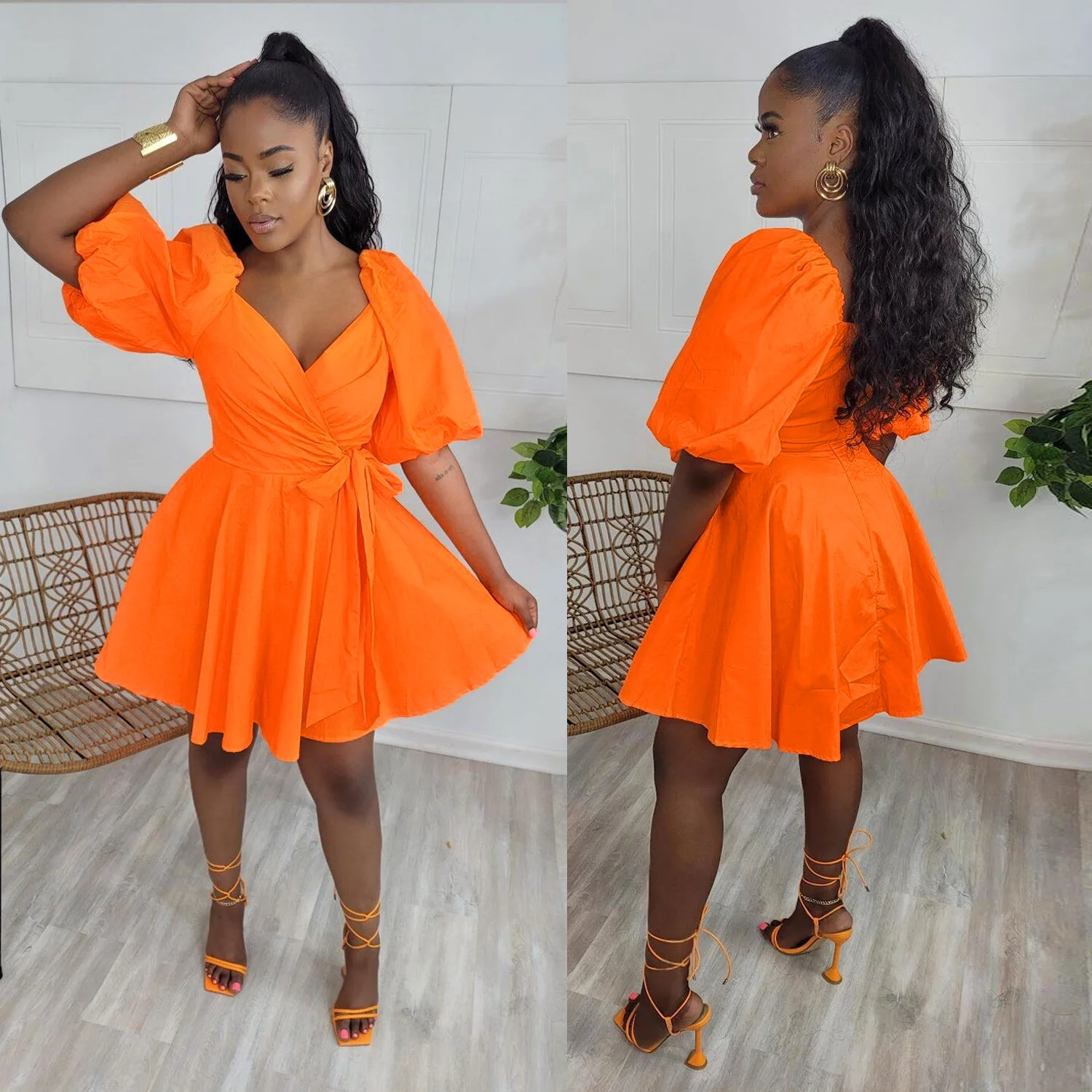 

A-line Sweetheart Neck Short Puff Sleeves Pleat Solid Color Quinceanera Princess Dresses Simple Orange Homecoming Prom Ball Gown